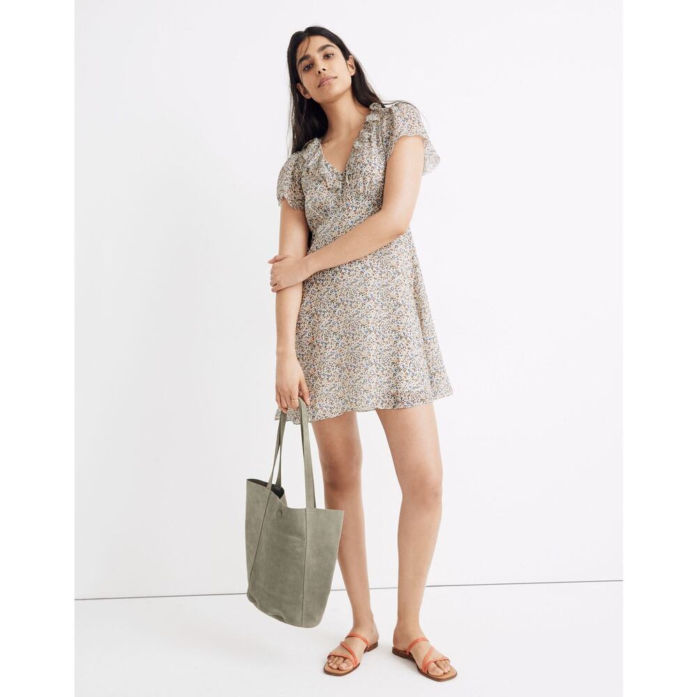 Madewell Cream Floral Silk Ruffle-Neck V-neck Cottagecore Preppy Mini Dress 8